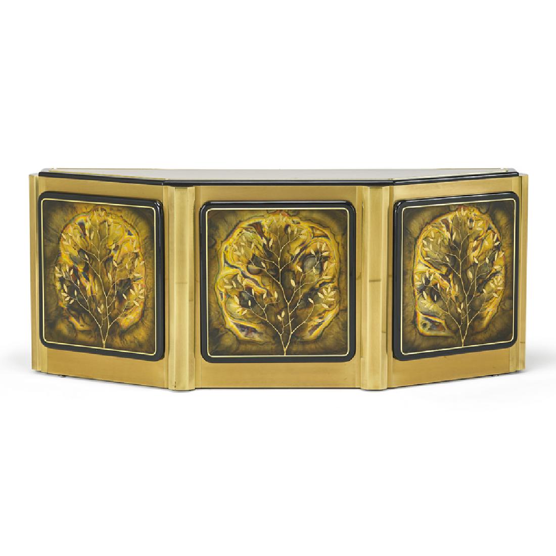 BERNHARDT ROHNE FOR MASTERCRAFT CABINET: Design by William Doezema, decorative panels by Bernard Rohne, etched and patinated bronze and lacquer, USA, 1980s Brass tag 30 1/2" x 74" x 18"