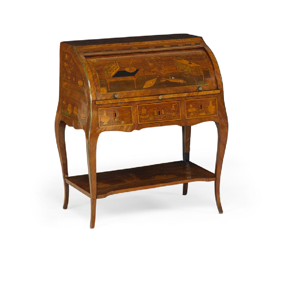 LOUIS XV TULIPWOOD AND MARQUETRY CYLINDER DESK: Inlaid with tablewares, with fitted interior above a platform shelf on cabriole legs, France, 1775 Stamped "P. Roussel, JME" 38 1/2" x 31 1/4" x 20" Provenance: Property from the Estate of Mrs. Anne A