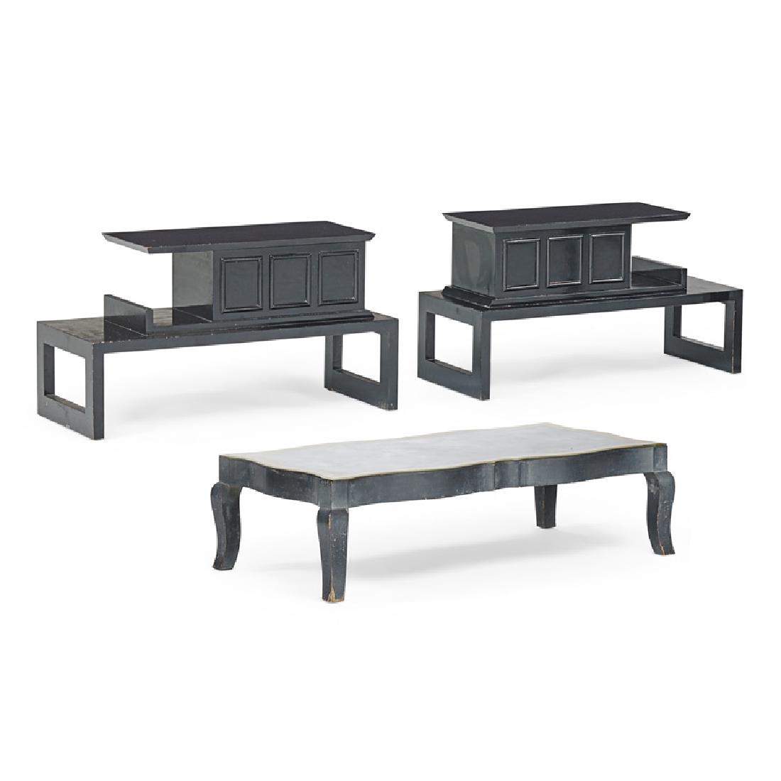 JAMES MONT COFFEE TABLE AND PAIR OF SIDE TABLES: Enameled wood, carved gilt and antique mirrored glass All branded "James Mont Design" Coffee table: 13 1/2" x 39" x 24 1/2", side tables: 20" x 36" x 15" Provenance: Family of the original owner, comm