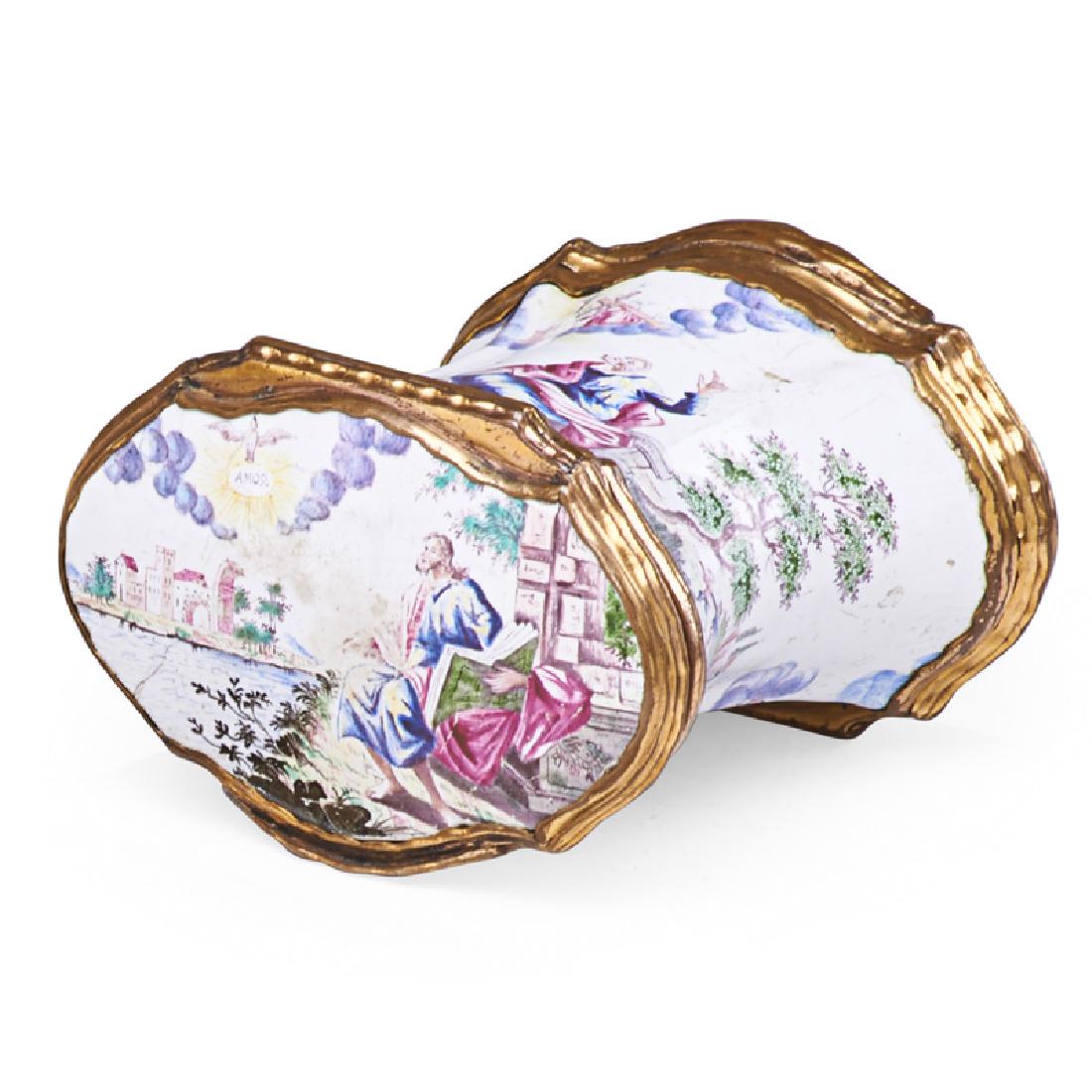 CONTINENTAL ENAMEL BOX: Figural and floral motifs, opening at both ends, Continental, 18th c. 2" x 3 1/2" x 2 3/4"