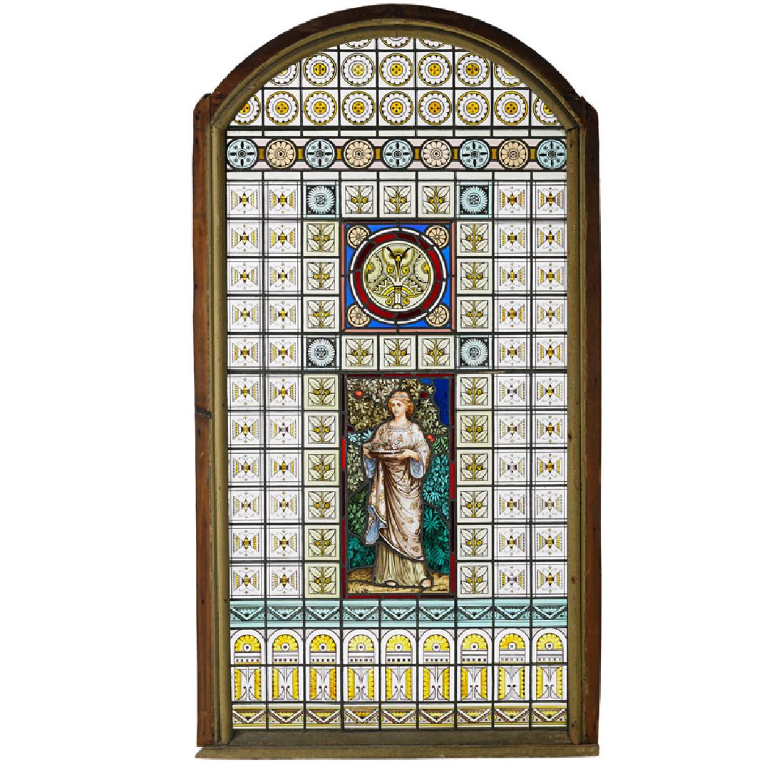 AMERICAN AESTHETIC MOVEMENT LEADED GLASS WINDOW: Central panel with classical maiden, surrounded by rosettes and foliate panels, USA, 1870 86 1/2" x 46 1/2"