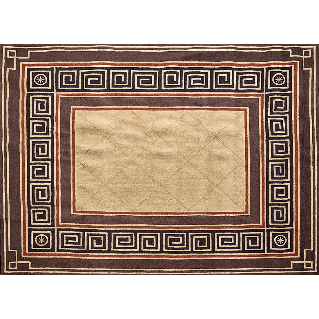 EDWARD FIELDS RUG: Greek key design in creams and browns, USA, 1991 Manufacturer marks to reverse 90" x 74"