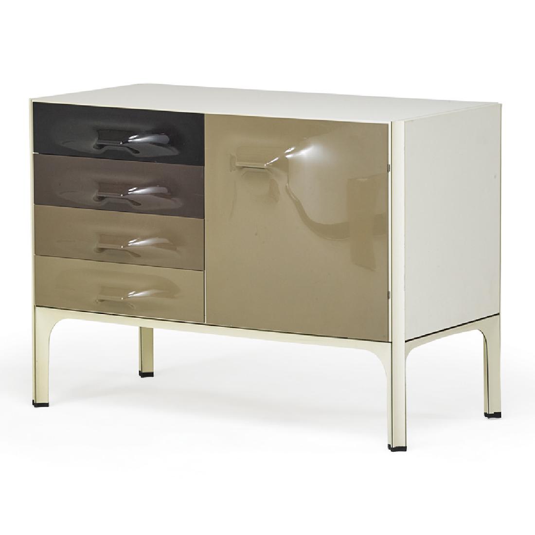 RAYMOND LOEWY FOR COMPAGNIE D'ESTHETIQUE INDUSTRIELLE: DF-2000 cabinet, enameled steel, acrylic, laminate, France, 1970s Signed 29 1/2" x 41" x 22"