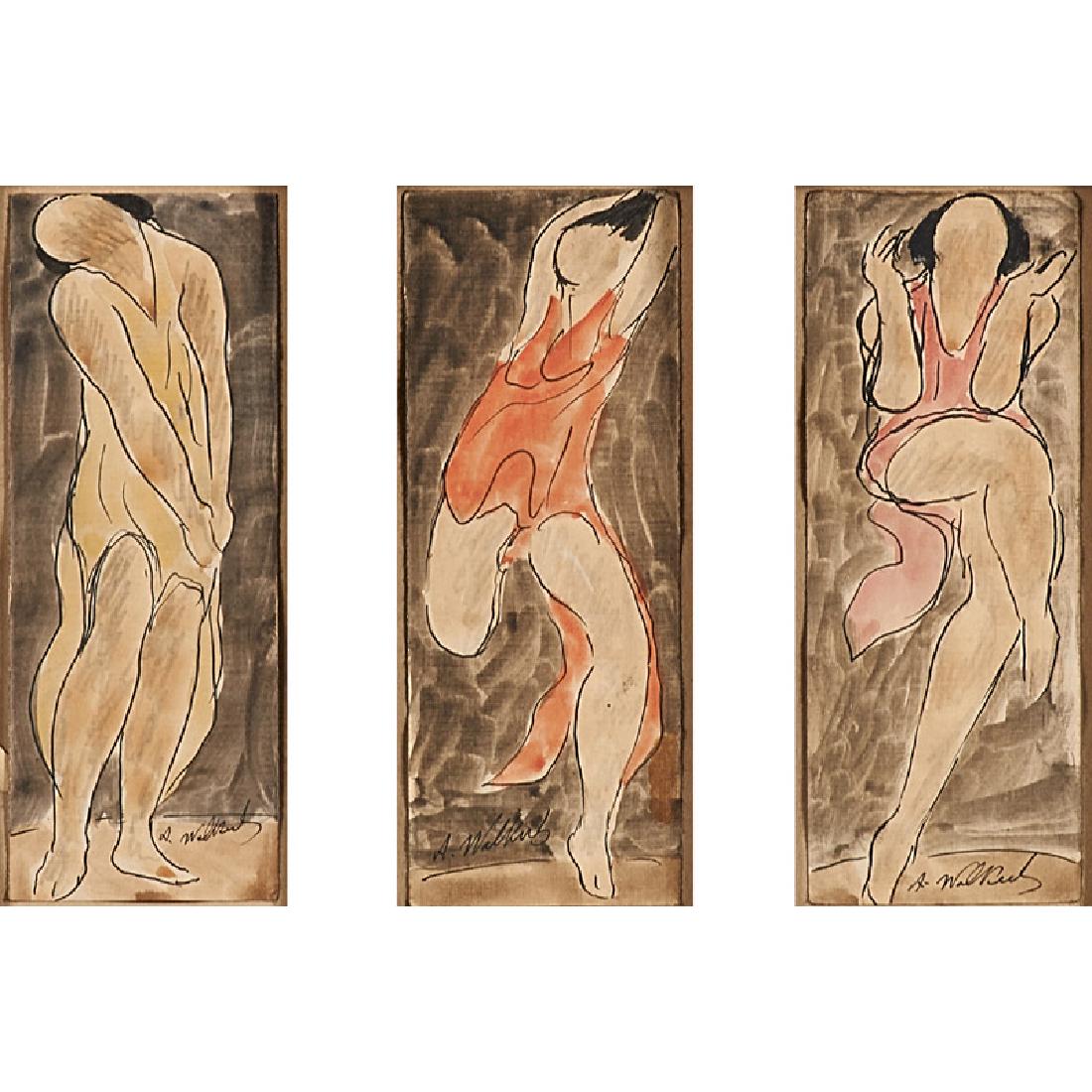 Abraham Walkowitz (Russian/American, 1878-1965): Isadora Duncan Three watercolors on paper (framed together) Each signed 7" x 2 5/8" (sheet, each) Provenance: Private Collection, New Jersey