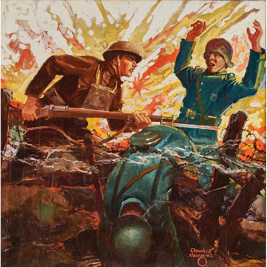 Charles Hargens (American, 1893-1997): Untitled (WWI Patriotic Scene) Oil on canvas (framed) Signed 36" x 36" Provenance: Estate of James A. Bulger, New Jersey