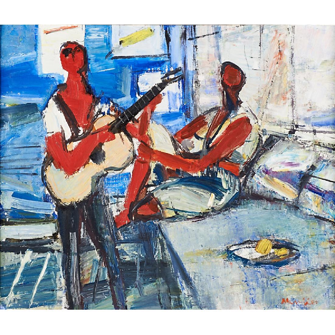 Sigmund Menkes (Ukrainian, 1896-1986): Untitled (Guitarist) Oil on canvas (framed) Signed 23 1/4" x 27 1/8" Provenance: Private Collection, New York