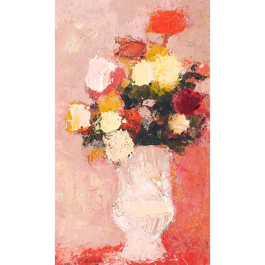 Bernard Cathelin (French, 1919-2004): Bouquet au Fond Rose, 1963 Oil on canvas (framed) Signed and dated 21" x 12 1/2" (sight) Provenance: David B. Findlay Galleries, New York (label on verso) Property from the Estate of Mrs. Anne Anka, L