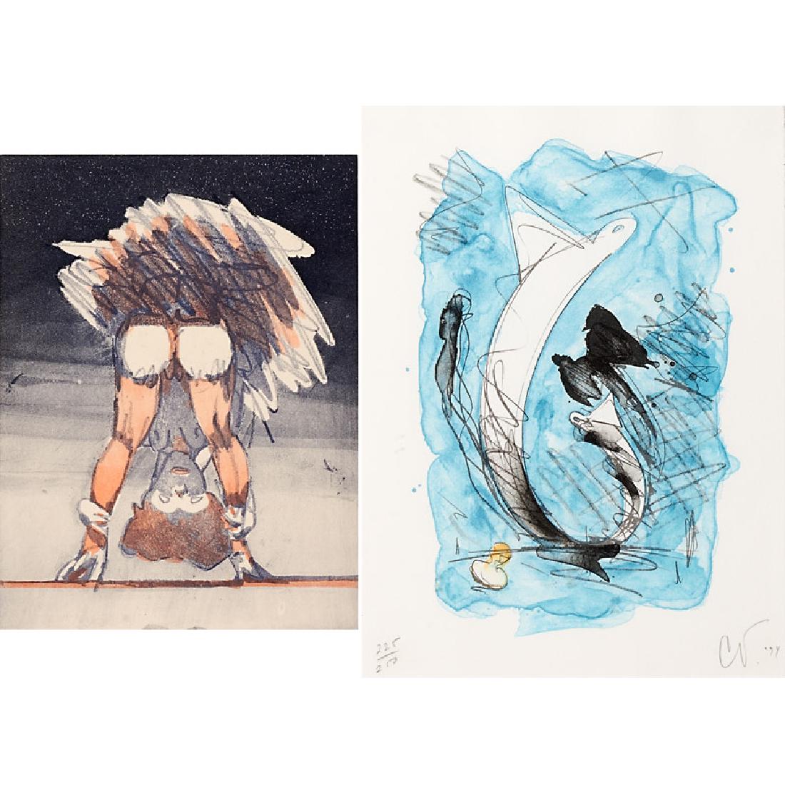 Claes Oldenburg (Swedish/American, b. 1929): Two works of art Figure Looking through Legs, 1976 Etching and aquatint in colors (framed) Signed, dated and noted Printers Proof 12 1/2" x 9 1/2" (plate) 25 3/8" x 19 5/8" (sheet) Publisher: Petersbu