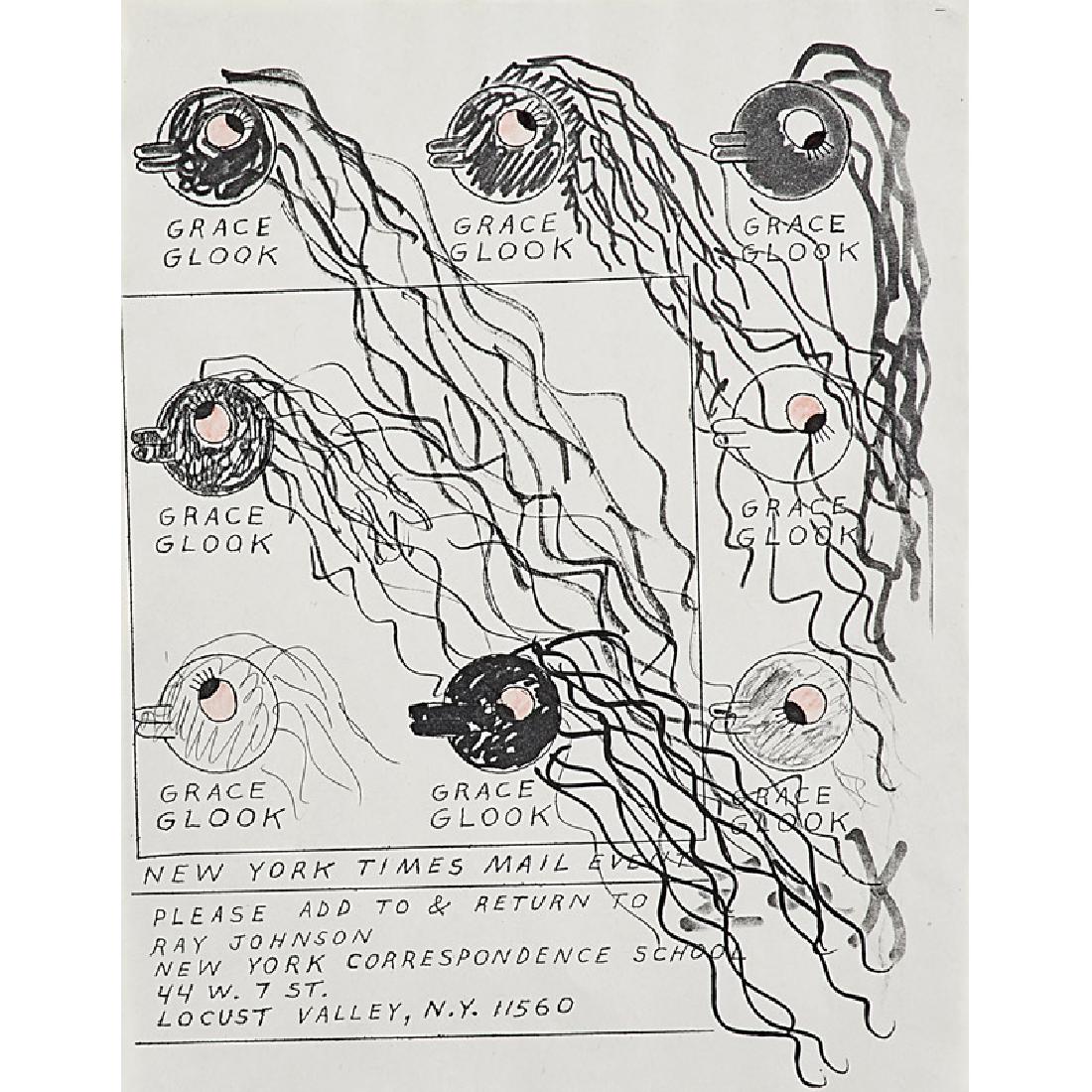 Ray Johnson (American, 1927-1995): Two works of art Grace Glook Photocopy 11" x 8 1/2" (sheet) Untitled (Heads) Photocopy Artist stamp 14" x 8 1/2" (sheet) Provenance: Private Collection, New York