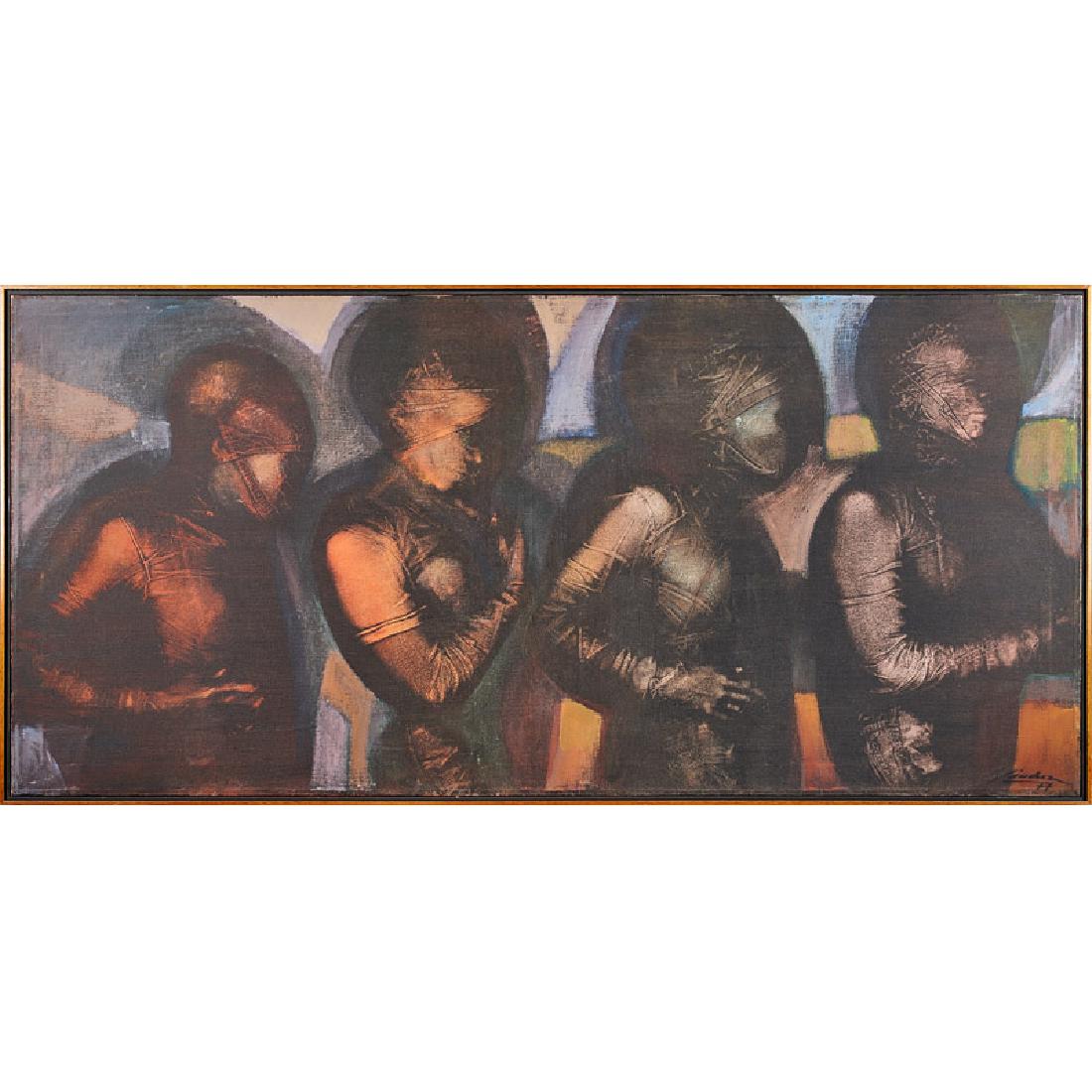 Edgar Sánchez (Venezuelan, b. 1940): Voces Secretas (Secret Voices), 1977 Acrylic on canvas (framed) Signed and dated 31 1/2" x 67" Literature: Federica Palomero, Edgar Sánchez, Caracas: Stanford, Galeria Frietes, 2006 (cat. no. 28) Exh