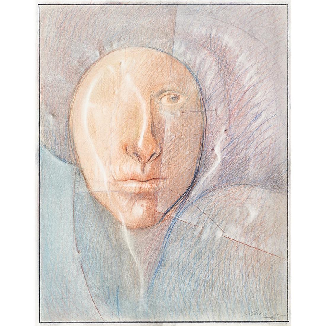 Edgar Sánchez (Venezuelan, b. 1940): Head Study, Creyones, 1980 Colored chalks on paper (framed) Signed and dated 28 1/2" x 22 5/8" (sheet) Exhibition: La Nueva Generación 1977-1981, Fundacion Galeria de Arte Nacional, Consejo Nacional 