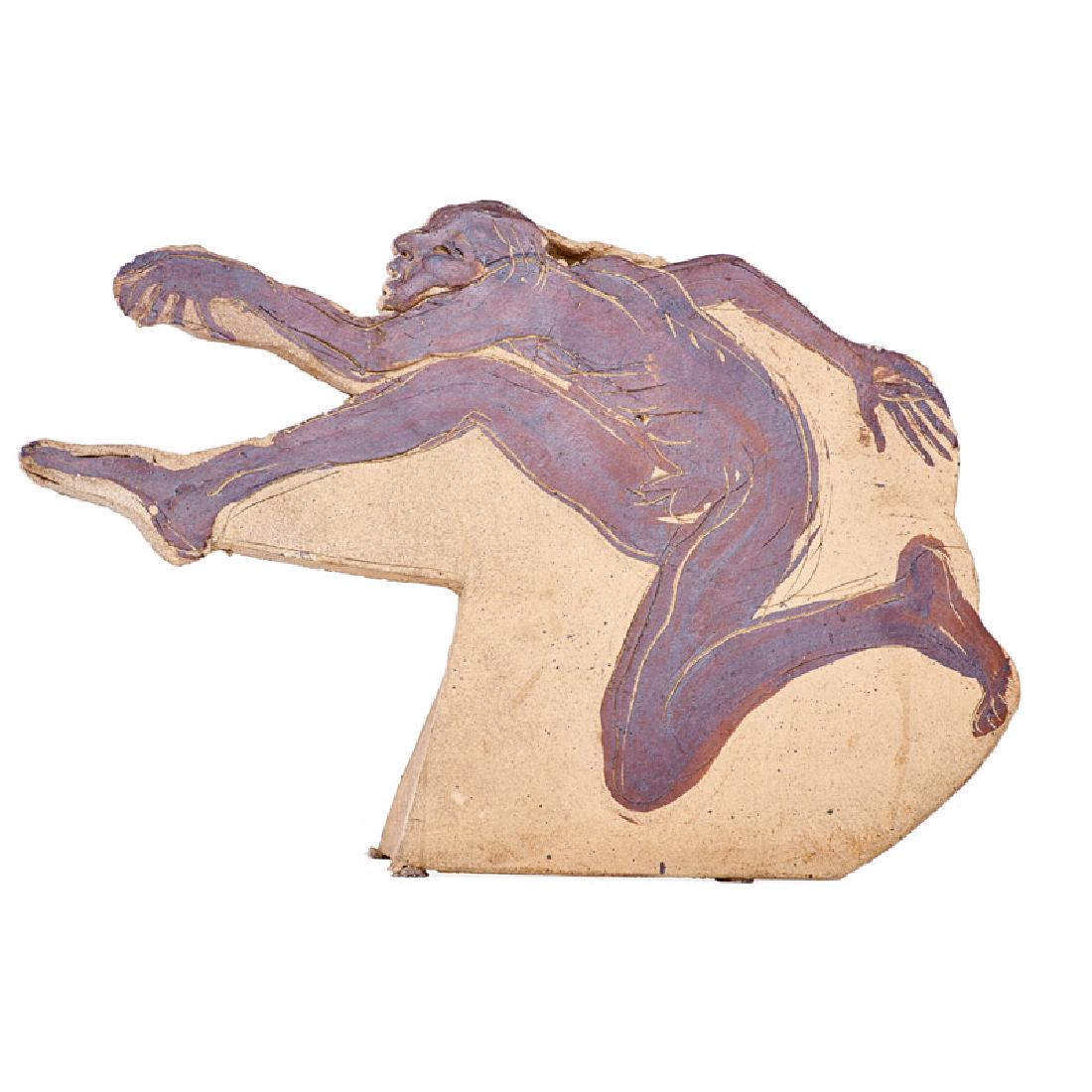 Mary Frank (British, b. 1933): Leaping Man, New York, ca. 1988 Slab-built, incised, and raku-fired earthenware 14 1/4" x 21" x 7" Provenance: Sothebys, New York, November 5, 1987, lot 247 Private Collection, Vermont