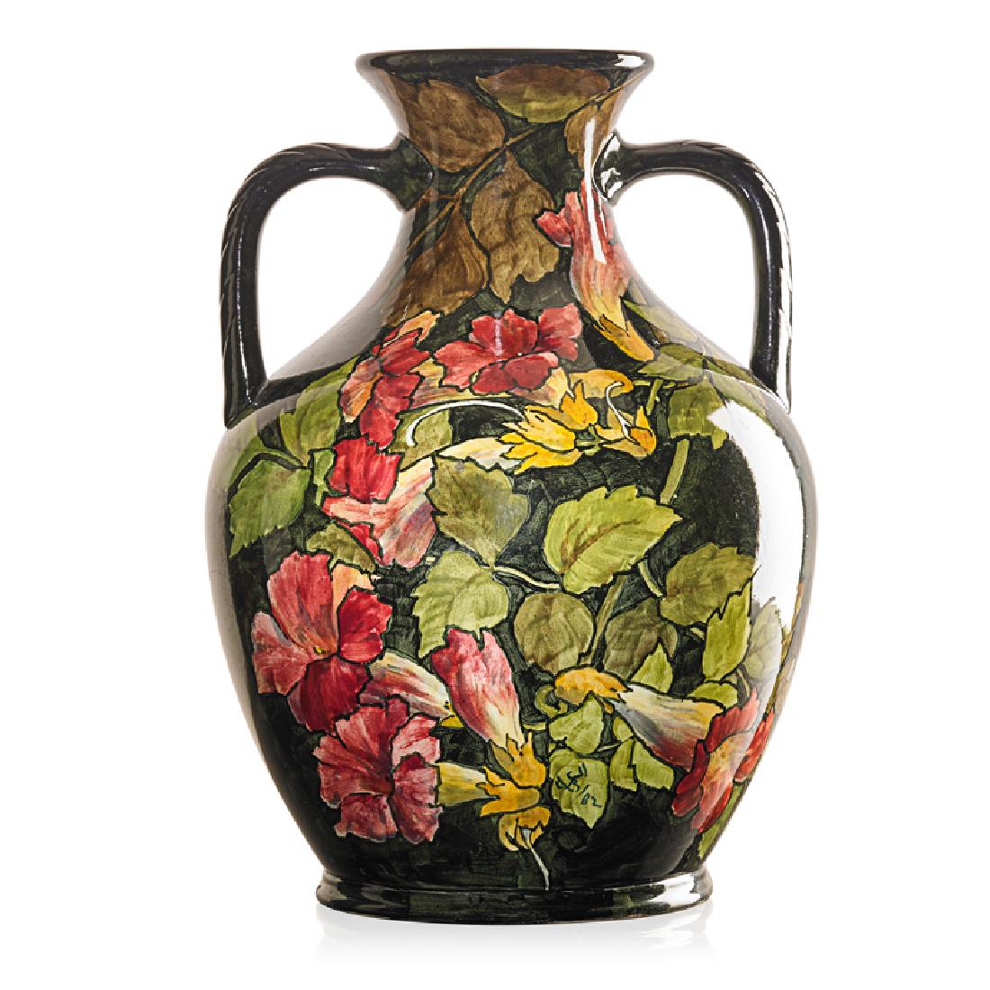 JOHN BENNETT Urn with trumpet vine: JOHN BENNETT (1840 - 1907) Two-handled urn with trumpet vine, New York, 1882; Body signed JB 82, base signed JBennett New York 1882; 12 3/4" x 9"