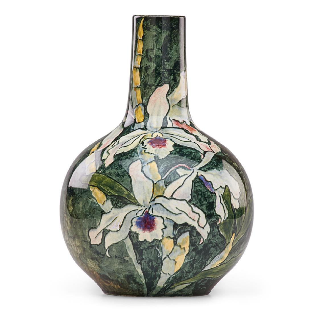JOHN BENNETT Vase with Cattleya orchids: JOHN BENNETT (1840 - 1907) Vase with Cattleya orchids, USA, late 19th century; Signed JBennett with other illegible marks; 10" x 7"