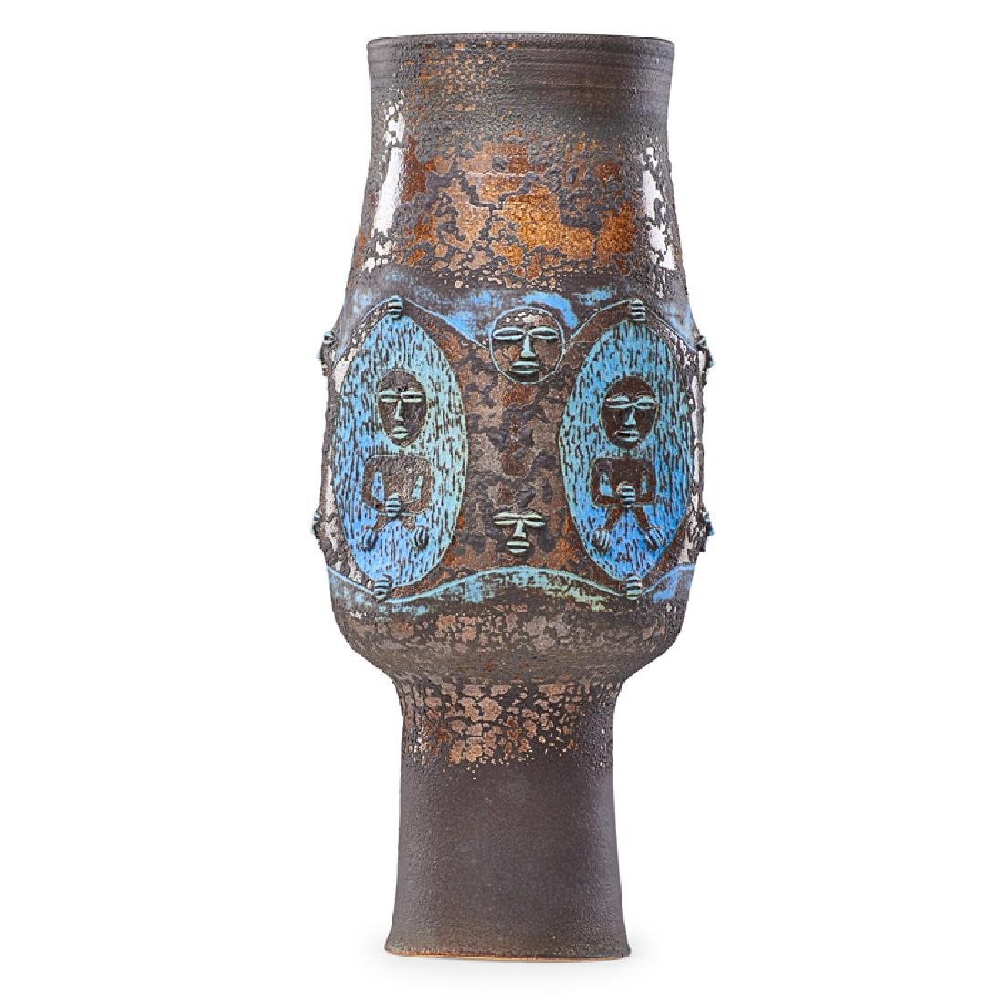 EDWIN AND MARY SCHEIER Fine early vase: EDWIN SCHEIER (1910 - 2008) MARY SCHEIER (1908 - 2007) Fine tall early vase with faces and figures, 1966 Glazed earthenware Signed and dated 18 1/2" x 6 1/2"