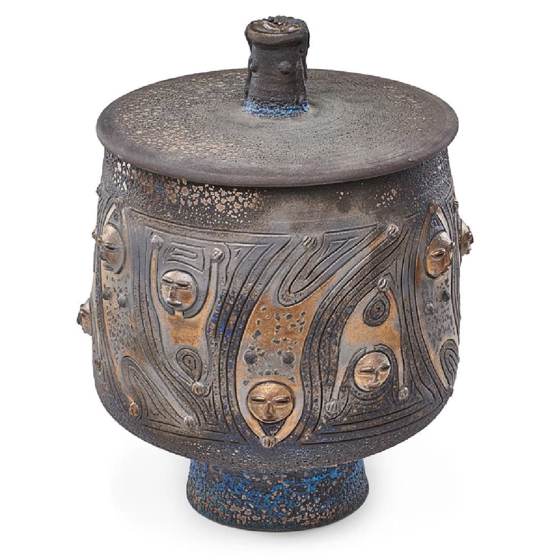 EDWIN AND MARY SCHEIER Large lidded coupe: EDWIN SCHEIER (1910 - 2008) MARY SCHEIER (1908 - 2007) Fine large lidded coupe with figures, Green Valley, AZ, 1989 Glazed earthenware Signed and dated 15 1/4" x 11 1/2"