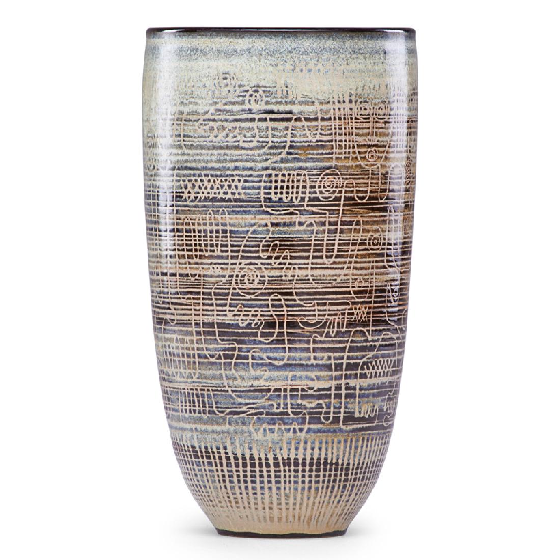 EDWIN AND MARY SCHEIER Fine early vase: EDWIN SCHEIER (1910 - 2008) MARY SCHEIER (1908 - 2007) Fine early vase with abstract figures and animals, 1950s-60s Glazed earthenware Incised Scheier 9 1/4" x 5" Provenance: Estate of Karl Drerup