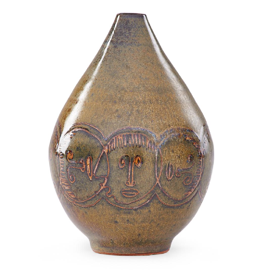 EDWIN AND MARY SCHEIER Small early vase: EDWIN SCHEIER (1910 - 2008) MARY SCHEIER (1908 - 2007) Small early vase with faces, 1950s-60s Glazed earthenware Incised Scheier 5 1/2" x 3 3/4"