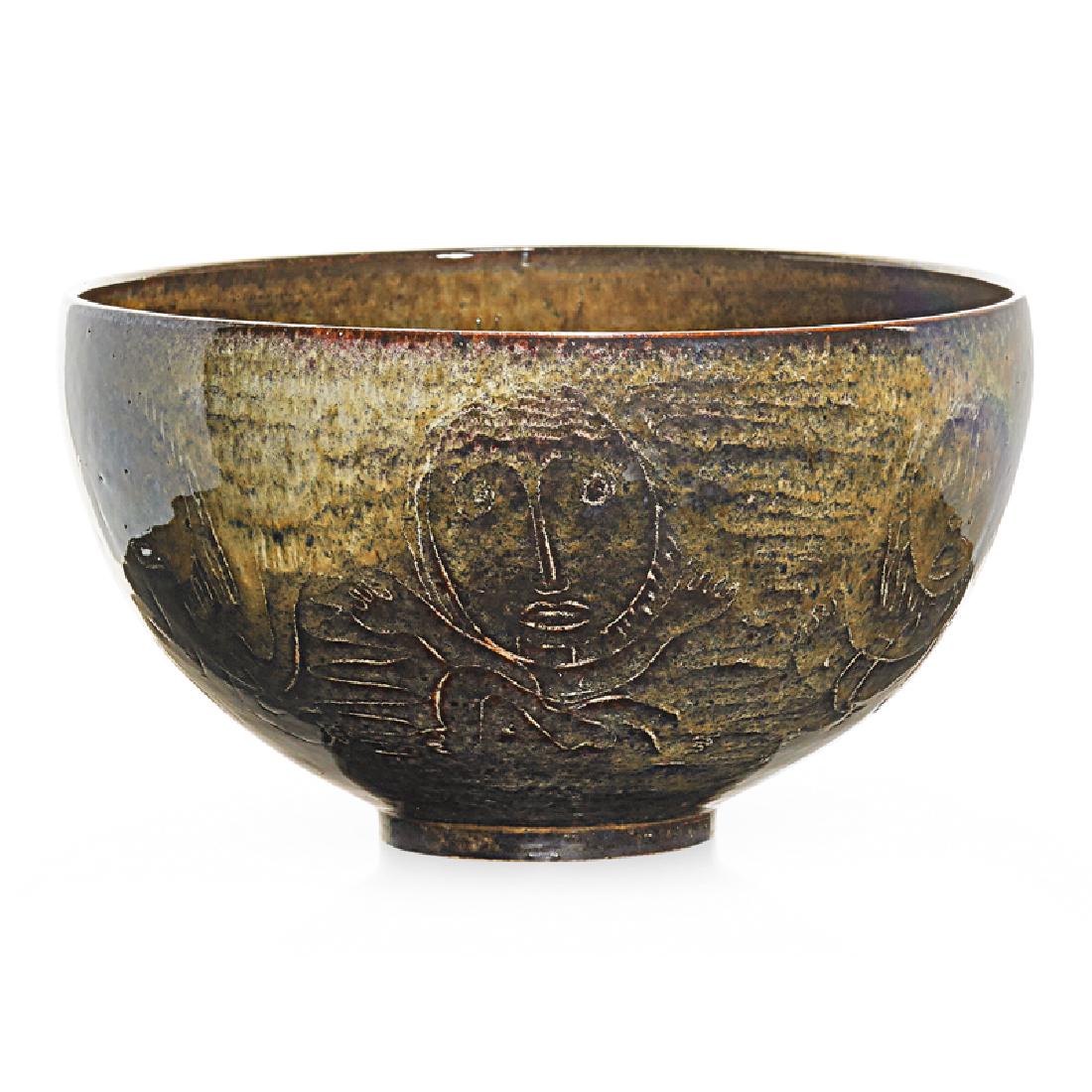 EDWIN AND MARY SCHEIER Early bowl: EDWIN SCHEIER (1910 - 2008) MARY SCHEIER (1908 - 2007) Early bowl with figures, 1950s-60s Glazed earthenware Unmarked 5" x 8 1/4" Provenance: Estate of Karl Drerup