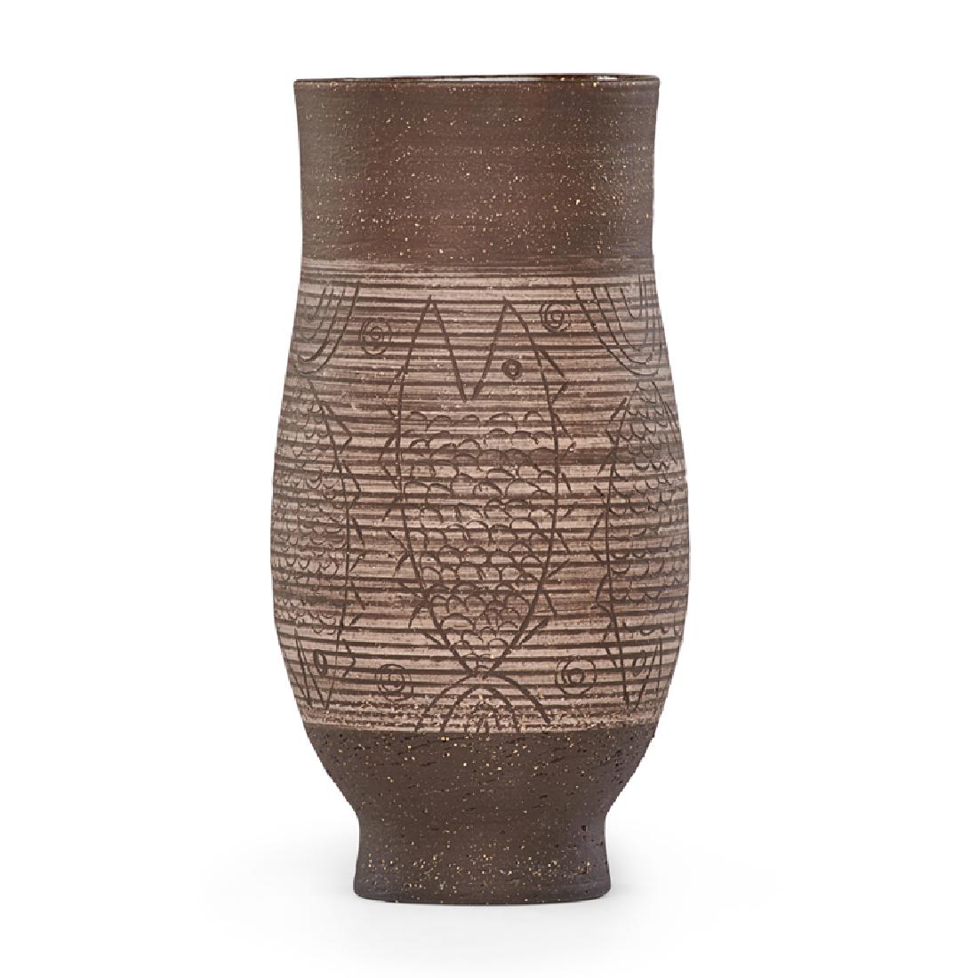 EDWIN AND MARY SCHEIER Early vase: EDWIN SCHEIER (1910 - 2008) MARY SCHEIER (1908 - 2007) Early vase with fish, 1950s-60s Incised, slip-painted, and glazed earthenware Incised Scheier 7 1/4" x 3 1/2"