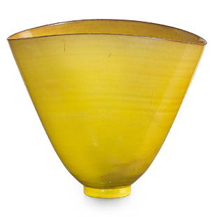 GERTRUD AND OTTO NATZLER Folded vessel: GERTRUD NATZLER (1908 - 1971) OTTO NATZLER (1908 - 2007) Folded vessel, canary yellow glaze, Los Angeles, CA Glazed earthenware Signed NATZLER 7 1/4" x 8 1/2" x 4 1/2"