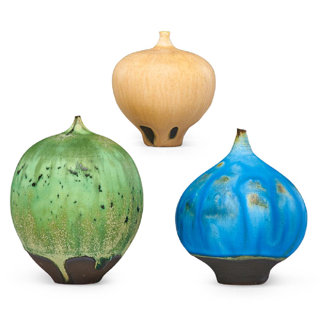 ROSE AND ERNI CABAT Three Feelies: ROSE CABAT (1914 - 2015) ERNI CABAT (1914 - 1994) Three blue, yellow, and green Feelies, Arizona, 1984/undated Glazed porcelain All signed, blue dated 3 3/4", 3 1/2", 2 1/2"