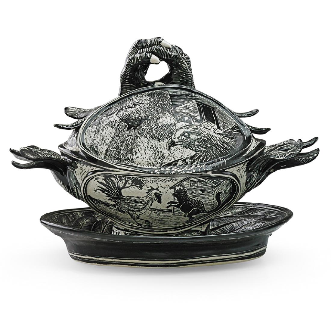 DAVID REGAN Lidded vessel and plate: DAVID REGAN (b. 1964) Lidded vessel with plate depicting cockfight, roosters, cat, and eagle, "Jus Gallinaceus," USA, 1993 Glazed and incised porcelain Signed, dated, and titled Vessel: 9" x 13" x 7",