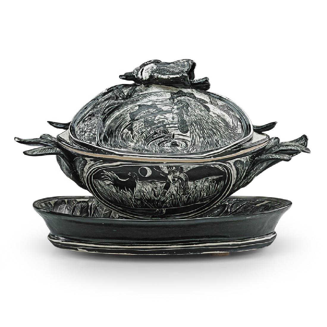 DAVID REGAN Lidded vessel and plate: DAVID REGAN (b. 1964) Lidded vessel with plate depicting chicken slaughter and chicken soup, "Jus Gallinaceus," USA, 1993 Glazed and incised porcelain Signed, dated, and titled Vessel: 7" x 12" x 7 1/