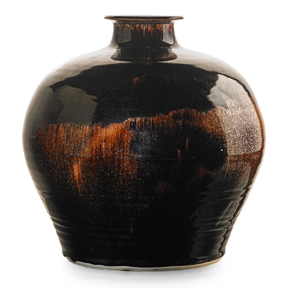 BROTHER THOMAS BEZANSON Large vase: BROTHER THOMAS BEZANSON (1929 - 2007) Large vase, Honan Tenmoku glaze, Weston, VT Glazed porcelain Incised Benedictine Monks Weston Vermont with ichthys symbol 13 1/2" x 12 1/2"