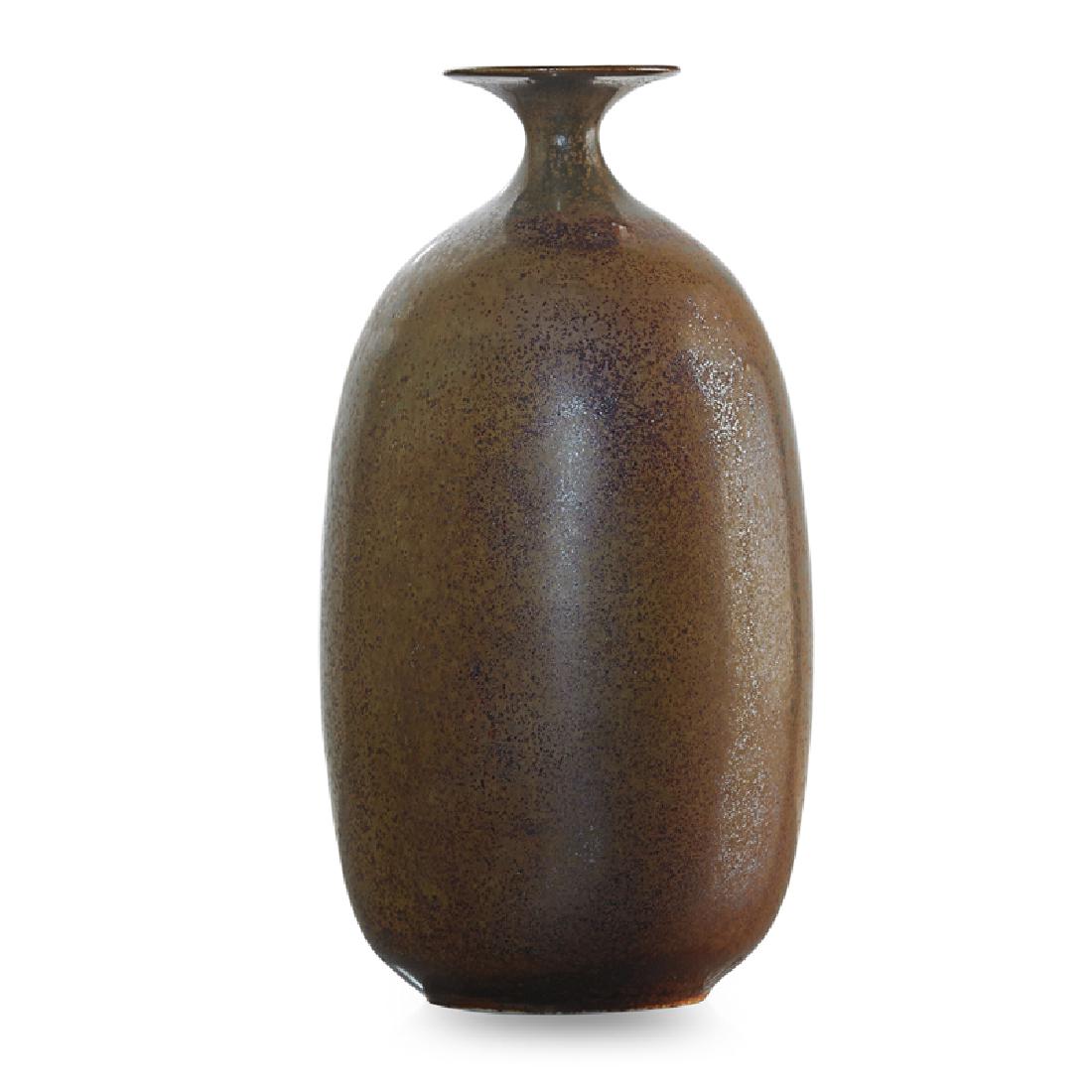 BROTHER THOMAS BEZANSON Small bottle: BROTHER THOMAS BEZANSON (1929 - 2007) Small bottle, Kaki glaze, Weston, VT Glazed porcelain Incised Benedictine Monks Weston Vermont 7 1/4" x 3 1/2"