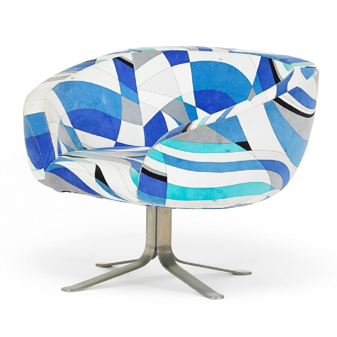 PATRICK NORGUET EMILIO PUCCI Rive Droite chair: PATRICK NORGUET (b. 1969) EMILIO PUCCI CAPPELLINI Rive Droite swivel arm chair France/Italy, 2001 Brushed steel, velvet Signed 28" x 37" x 30"