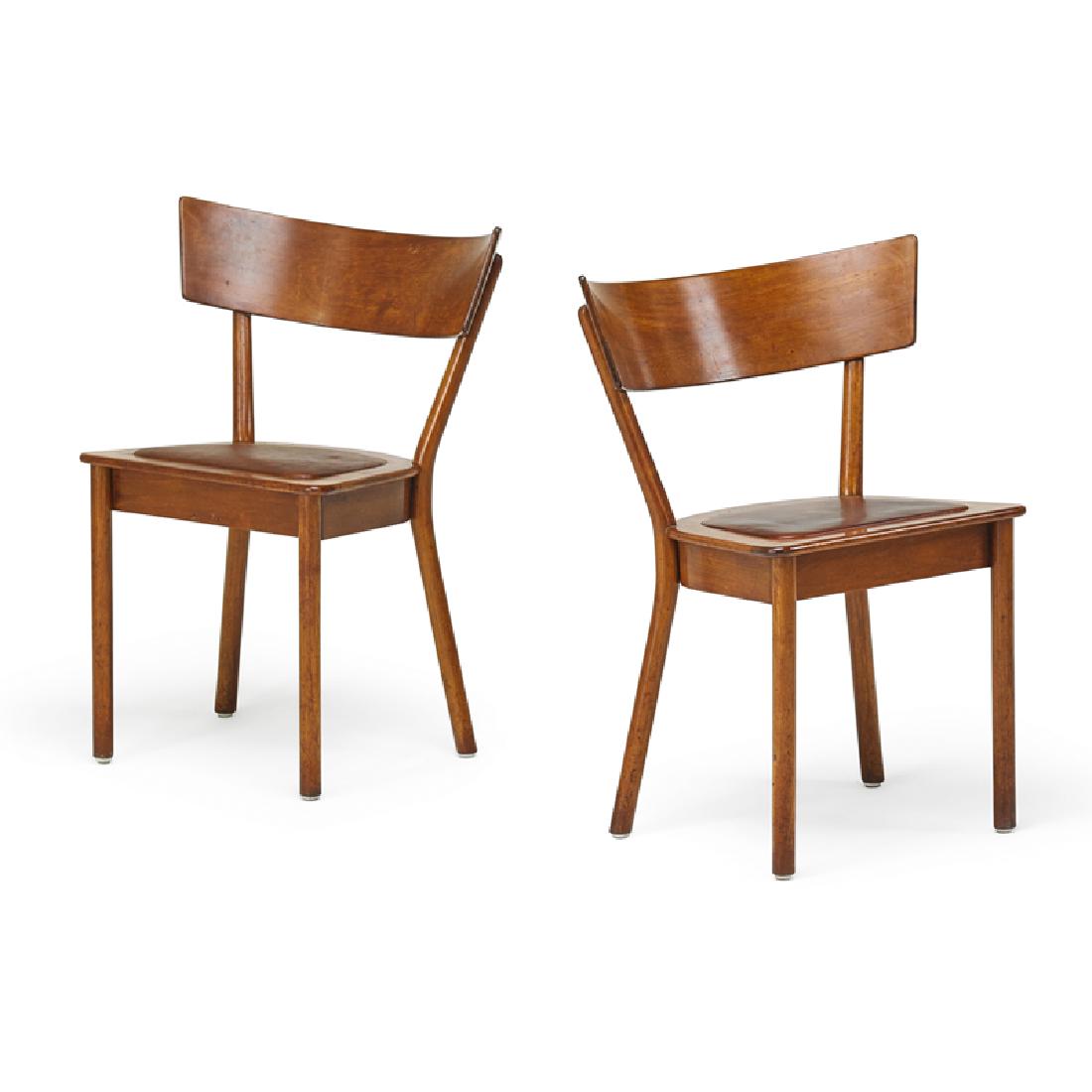 KAY FISKER Pair of side chairs: KAY FISKER (1893 - 1965) Pair of side chairs, Denmark, 1930s Teak, leather Remnants of paper label to one chair 31" x 24" x 20"