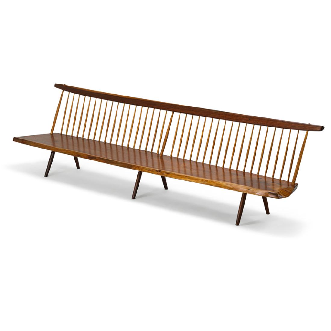 GEORGE NAKASHIMA Exceptional Bench with Back: GEORGE NAKASHIMA (1905 - 1990) NAKASHIMA STUDIO Large exceptional Bench with Back, New Hope, PA, 1957 Figured walnut, hickory Unmarked 31" x 132" x 25 1/2" Provenance: Copy of original order card