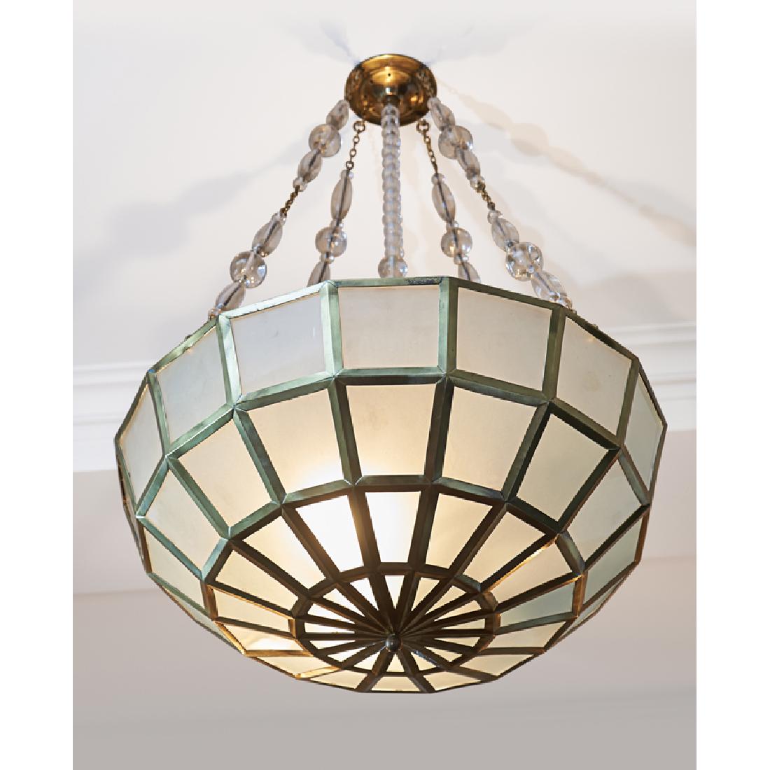 ADOLF LOOS Chandelier: ADOLF LOOS (1870 - 1933) Chandelier, Austria, ca. 1910 Brass, frosted glass, crystal, three sockets Unmarked To ceiling cap: 40" x 27" Provenance: Guy Regal Fine Art & Antiques, New York, 2006 Private