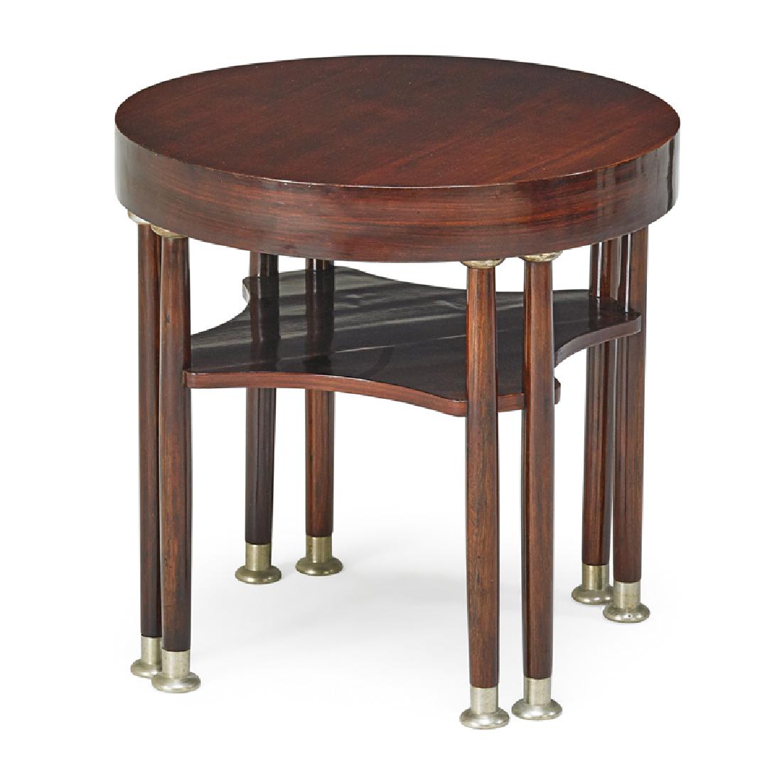 ADOLF LOOS Occasional table: ADOLF LOOS (1870 - 1933) Occasional table, Austria, ca. 1915 Rosewood, nickeled brass Unmarked 29" x 29 1/2" dia. Provenance: Guy Regal Fine Art & Antiques, New York, 2006 Private Collection, New York