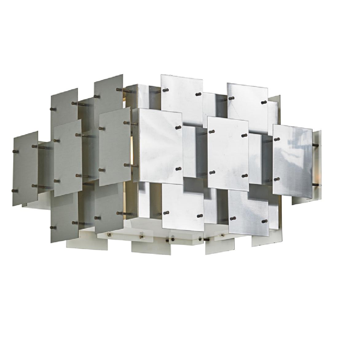 ROBERT SONNEMAN Chandelier: ROBERT SONNEMAN Flush-mount chandelier, USA, 1970s Matte-chromed steel, brass, plastic, two sockets Labeled 15 1/2" x 21 1/2" x 23" 1/2"