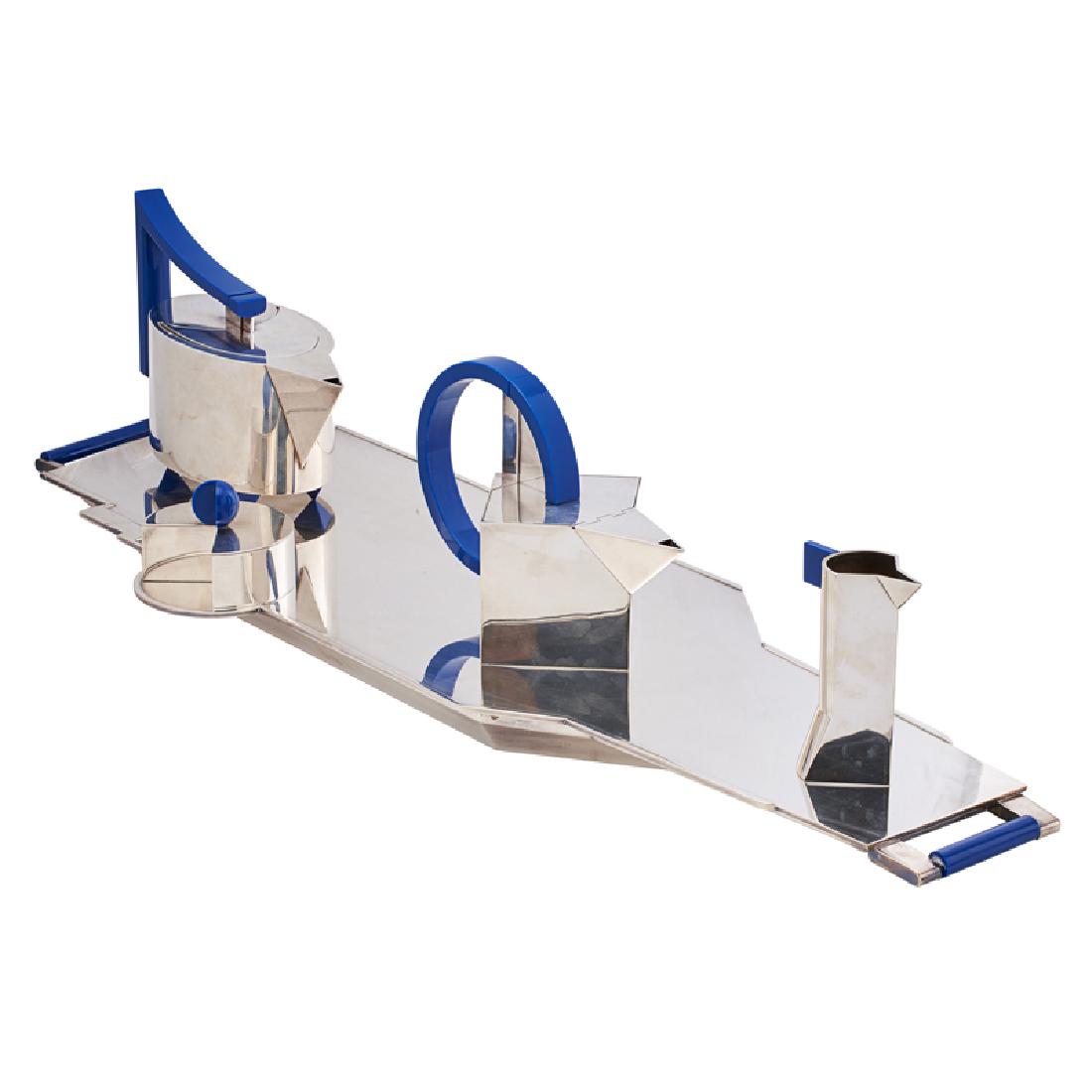 HANS HOLLEIN; ALESSI Five-piece tea/coffee set: HANS HOLLEIN (1934 - 2014) ALESSI Five-piece Aircraft Carrier tea and coffee set, number 8 of 99, Italy, 1983 Sterling silver, silver plated brass, plastic All elements marked Tray: 1 1/2" x 36 1/2" x