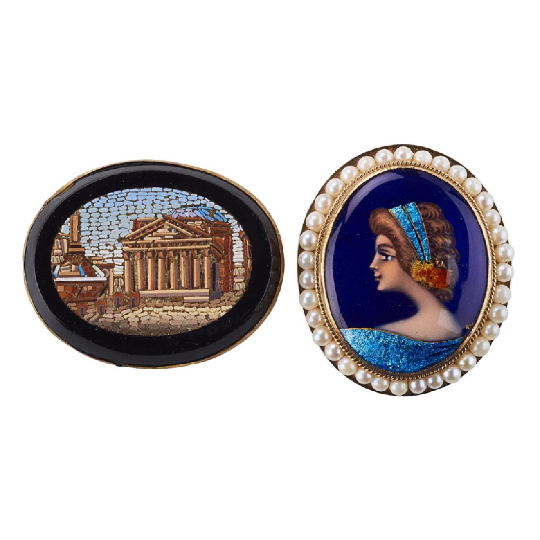 MICROMOSAIC OR LIMOGES ENAMEL PORTRAIT BROOCHES (1 of 1)