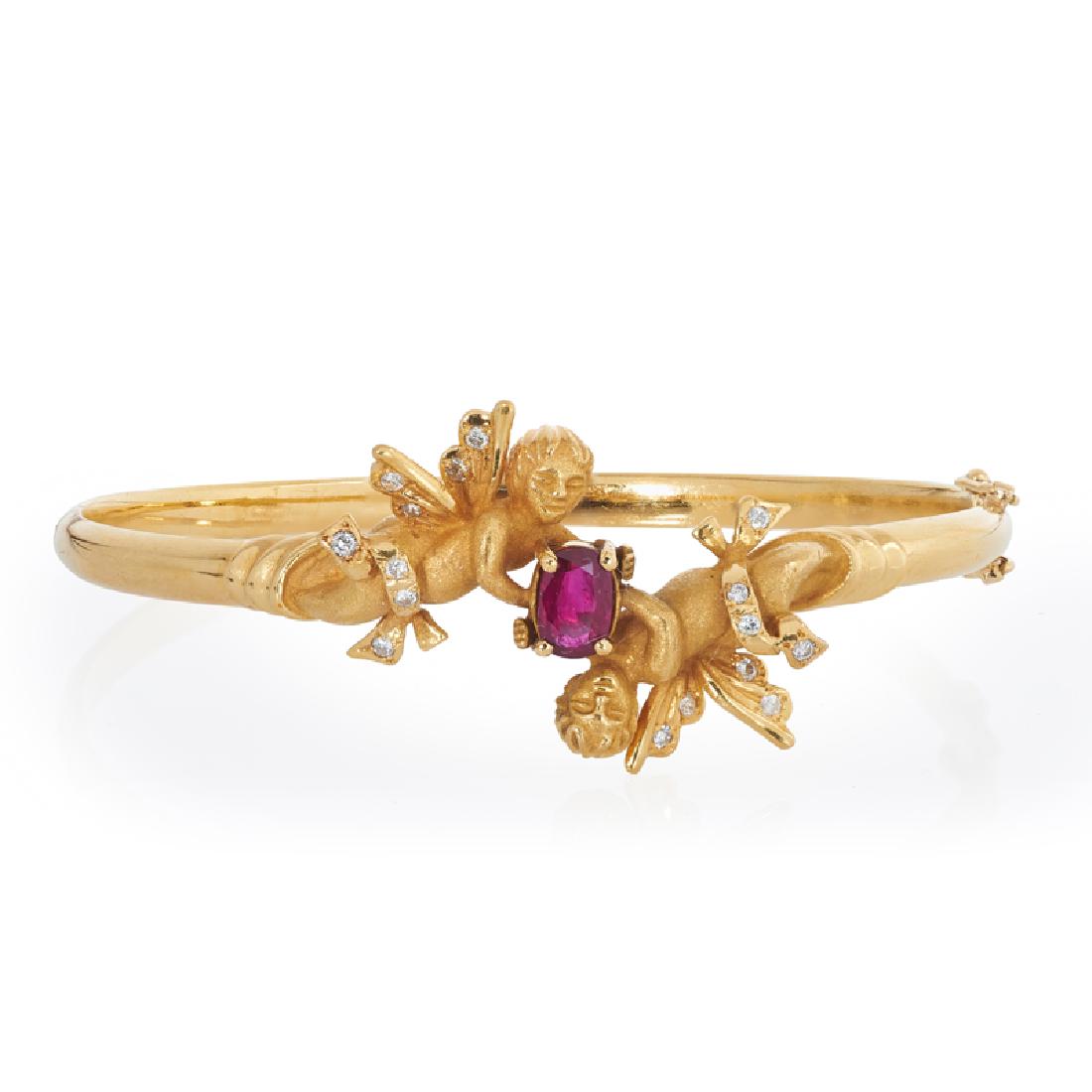 RUBY, DIAMOND & YELLOW GOLD CHERUB BANGLE BRACELET (1 of 1)