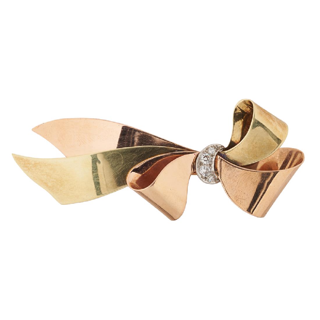 RETRO DIAMOND & BI-COLOR GOLD RIBBON BOW BROOCH (1 of 1)