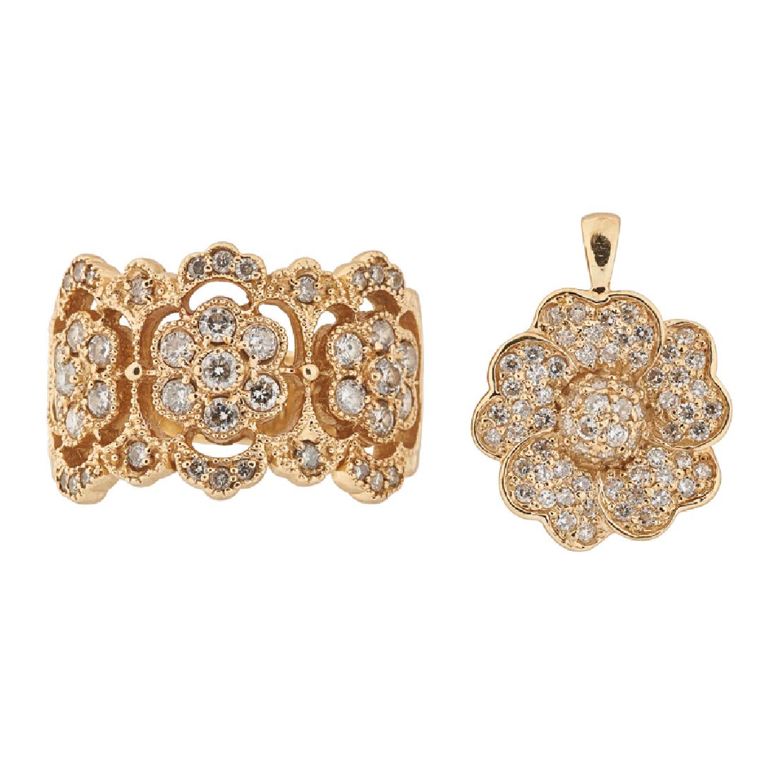 DIAMOND & YELLOW GOLD FLORAL RING & PENDANT SUITE (1 of 1)