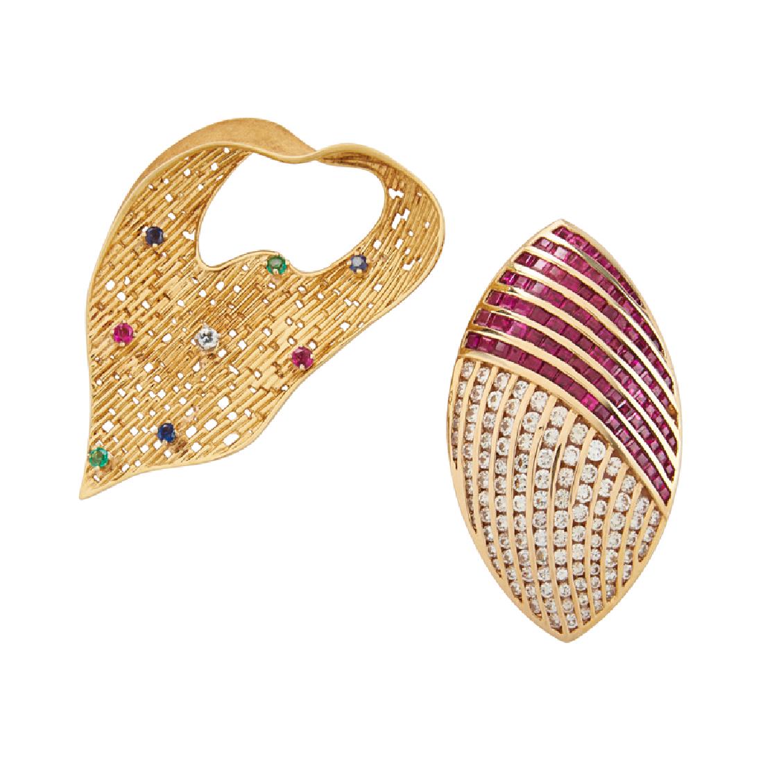 RETRO DIAMOND & GEM-SET YELLOW GOLD PENDANT BROOCHES (1 of 1)