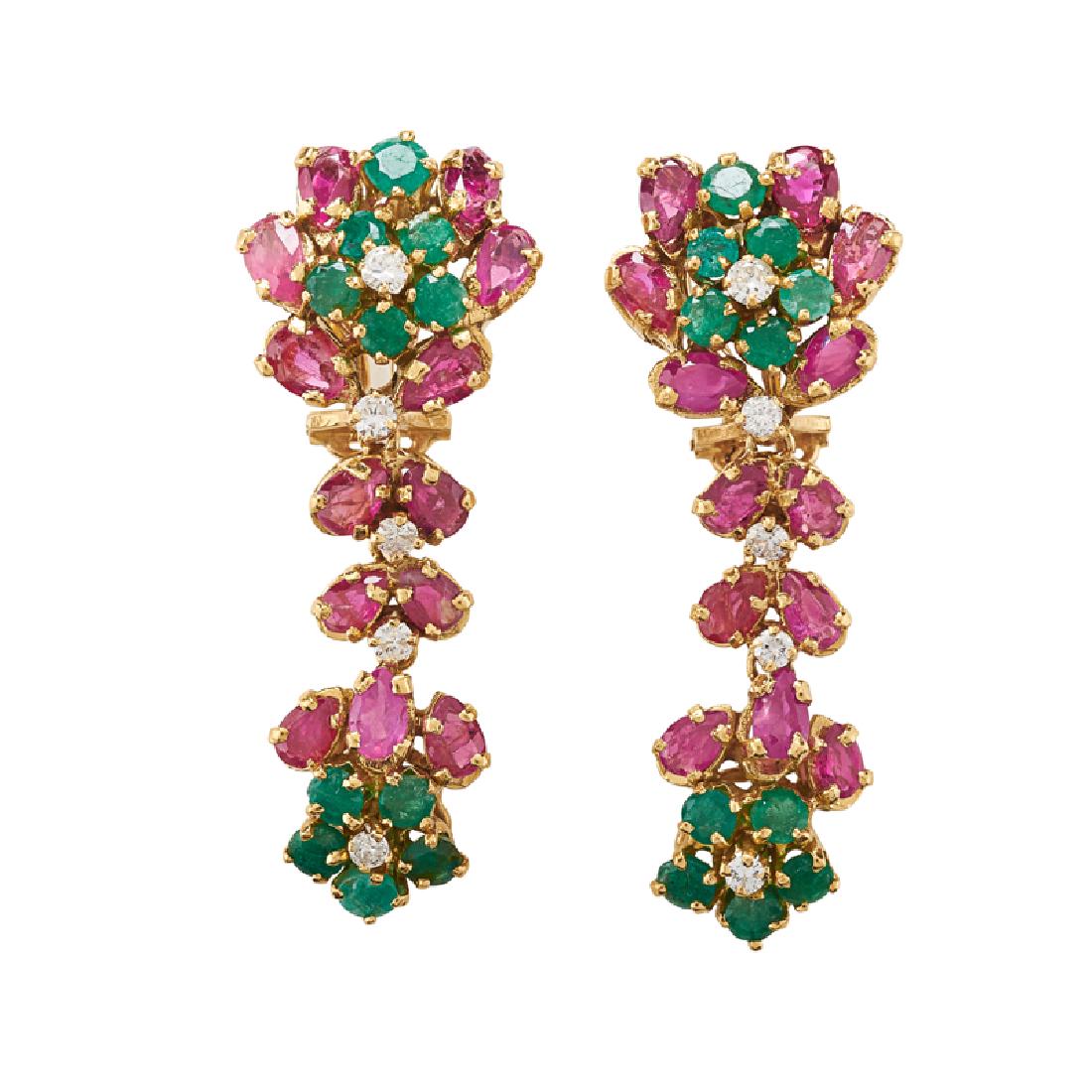 DIAMOND & GEM-SET YELLOW GOLD FLORAL DROP EARRINGS (1 of 1)