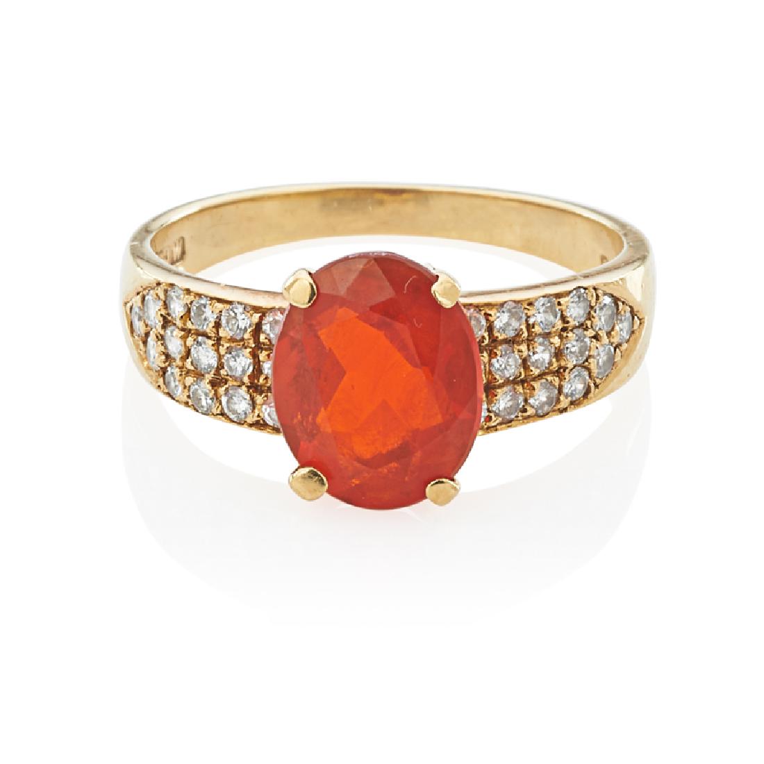 MEXICAN FIRE OPAL, DIAMOND & YELLOW GOLD RING (1 of 1)