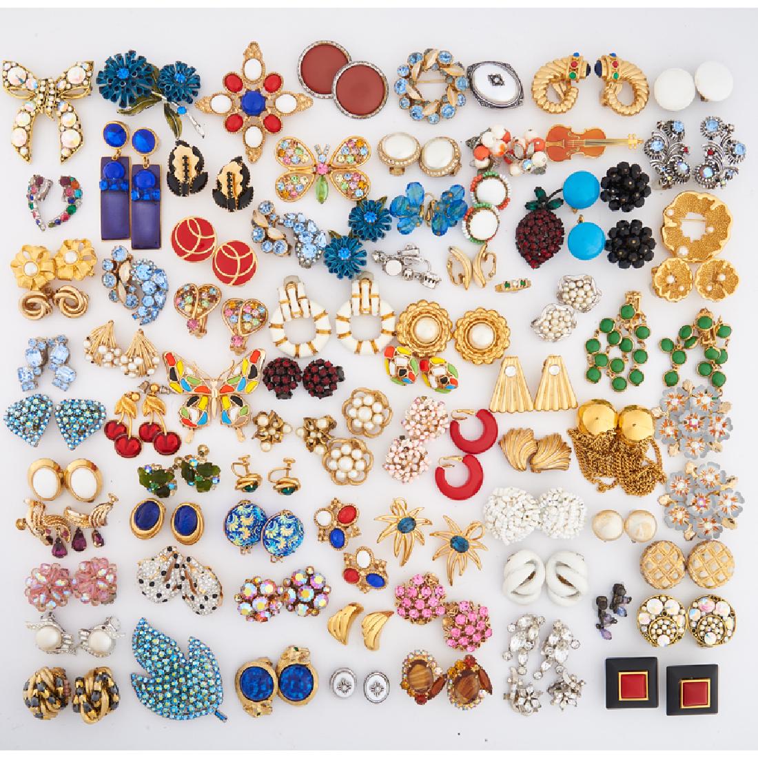 COLLECTION OF MOSTLY DESIGNER COSTUME EARRINGS: The signed pieces include Weiss, Trifari, Warner, Monet, Vogue, Givenchy. Ciner, Carnegie, Avon, Agatha Paris, Art, Laguna, Ellen Designs, Coro, Jomaz, Kramer, Tara, Marvella, Berbet, Mimidin, Josef M