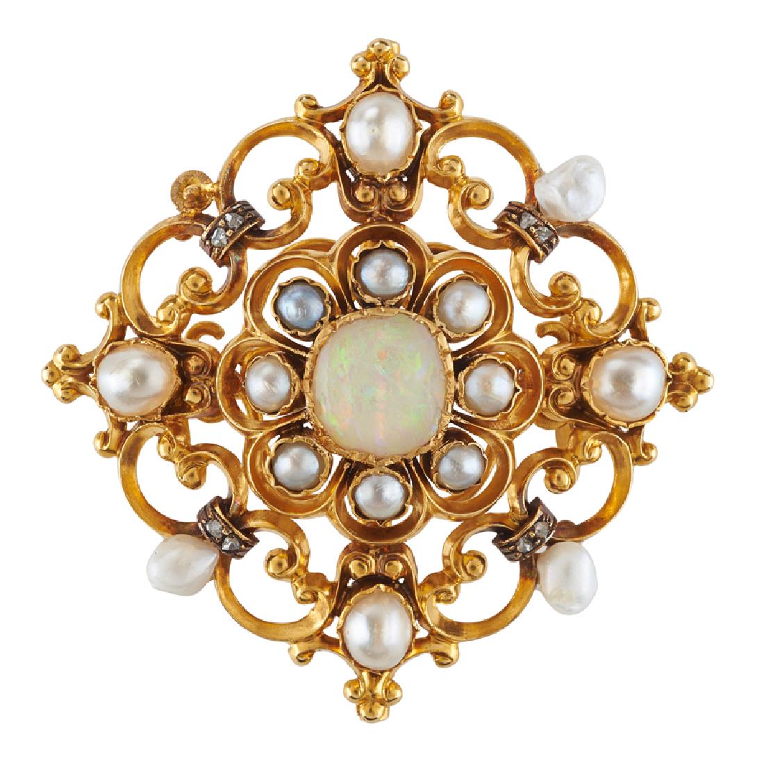 VICTORIAN OPAL, NATURAL PEARL, DIAMOND & GOLD BROOCH: The central oval opal surrounded by white or grey natural pearls, silver-topped rose-cut diamond straps in scrolling yellow gold. Late 19th c. 18k. 1 5/8". 9.9 dwt. With removable brooch backing.