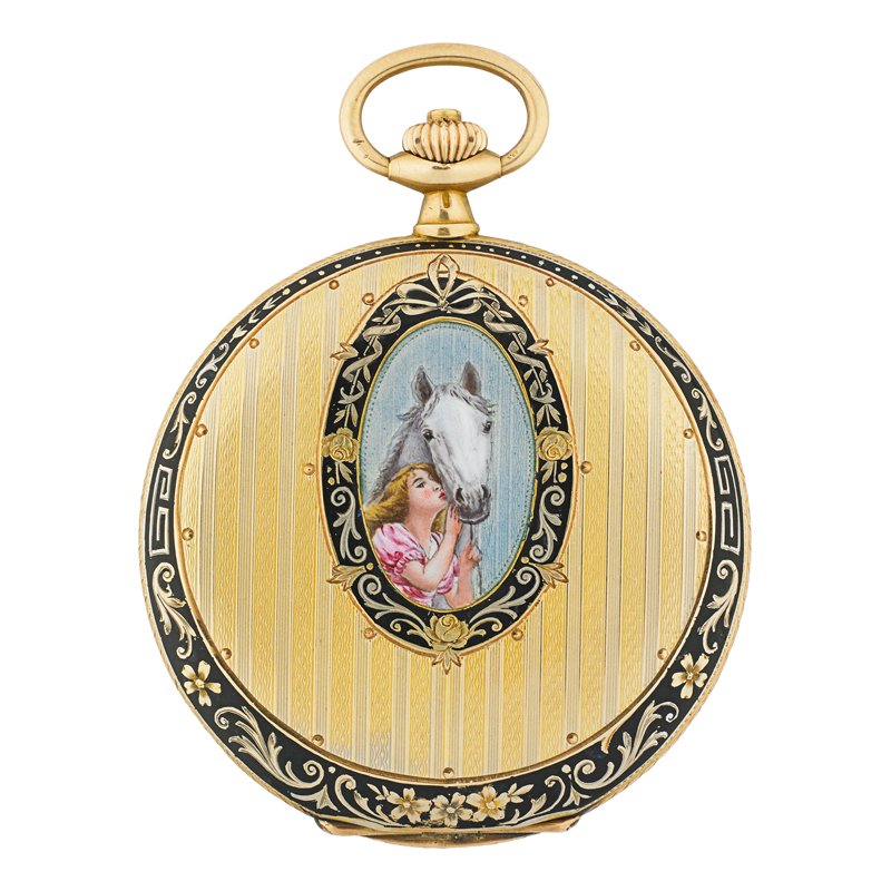 LONGINES ENAMELED YELLOW GOLD GRAND PRIX POCKET WATCH (1 of 8)