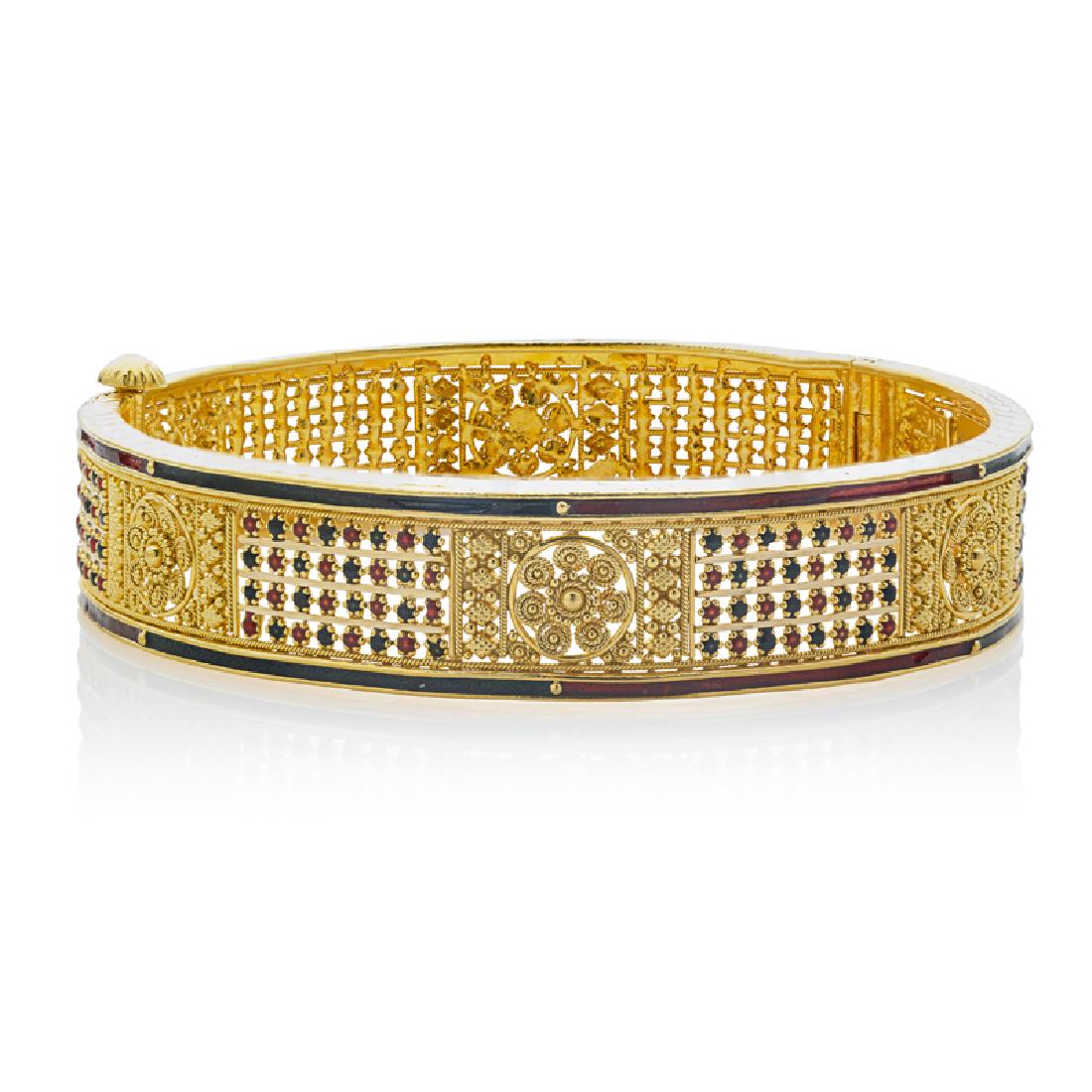 INDIAN ENAMELED HIGH CARAT YELLOW GOLD HINGED BANGLE (1 of 1)