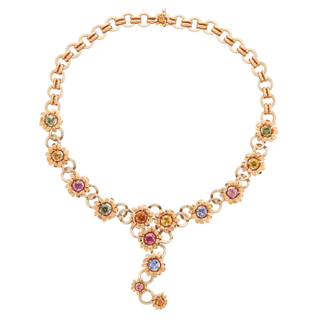 RETRO MULTI-HUED SAPPHIRE & YELLOW GOLD FLORAL NECKLACE (1 of 1)