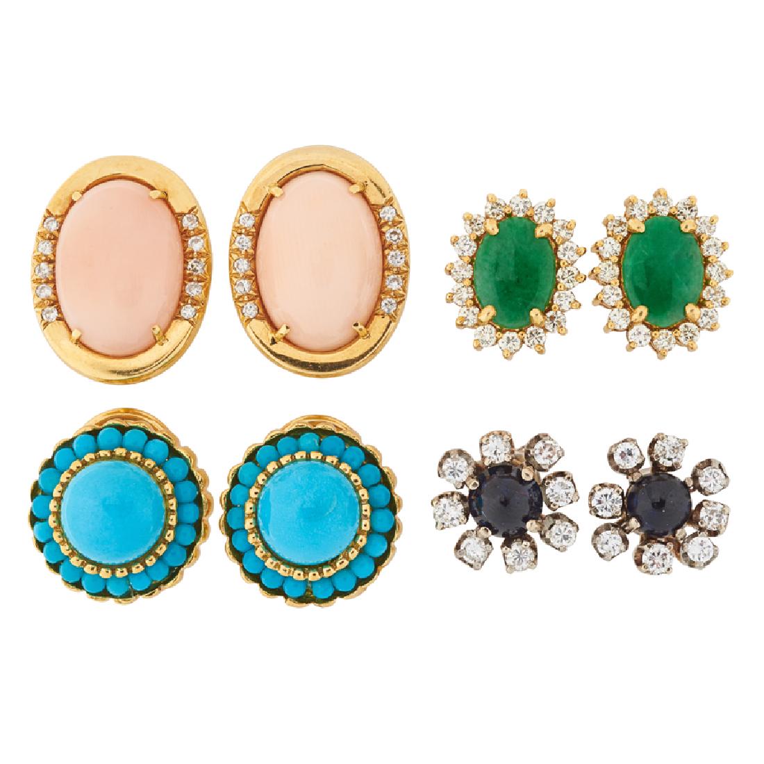 DIAMOND OR GEM-SET EARRINGS: Comprising two pairs of oval jade or coral cabochons with RBC diamonds in yellow gold; A pair of round turquoise cabochon clusters in yellow gold; A pair of round sapphire cabochons with RBC diamonds